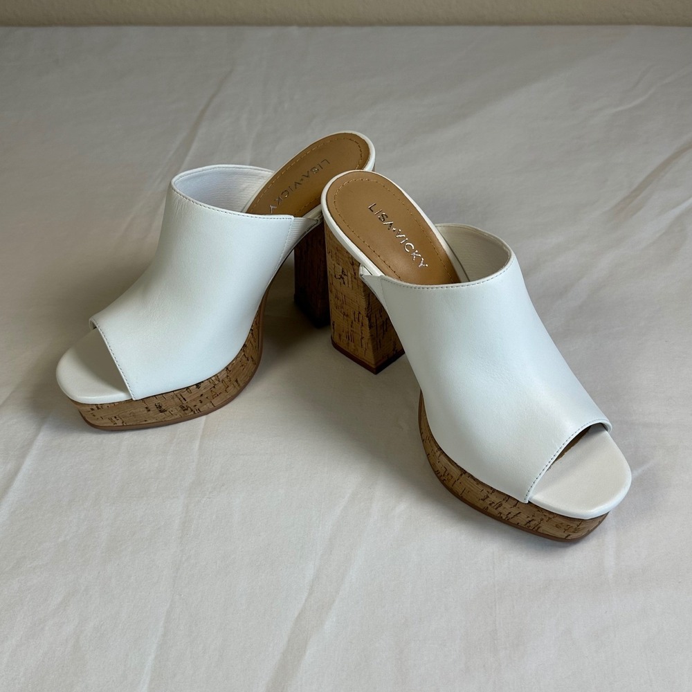 Lisa Vicky White Leather Platform Mules Clogs Cork Heel Size 6 New in Box